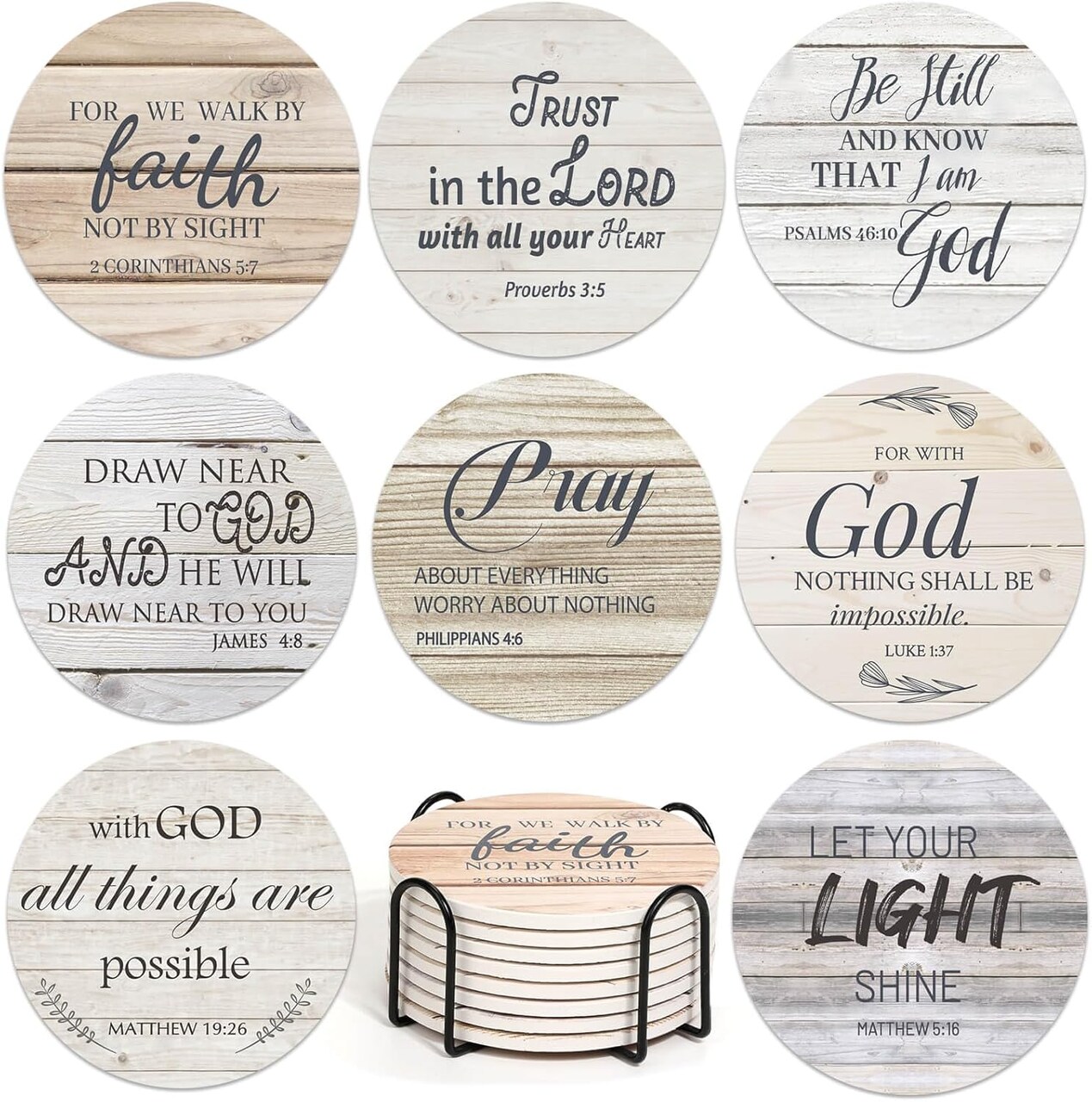 Ceramic Coasters with Bible Verses, Christian Coasters Set of 8 with Holder, Absorbent Drink Coasters for Christian Gifts and Home Decor, 4 Inches